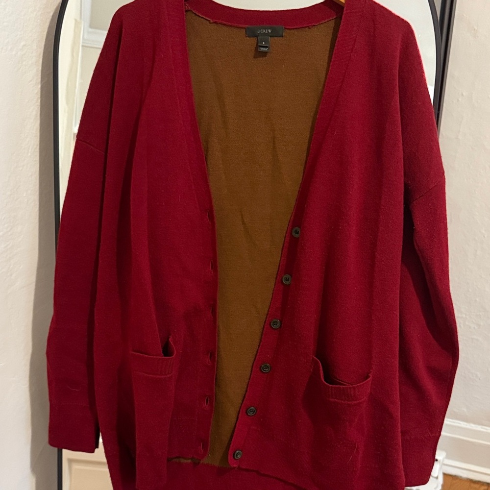 J Crew Red Merino Wool Long Cardigan